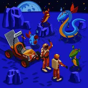 星球大做战外星人等距背景宇航员未知星球大眼睛怪物周围的矢量插图