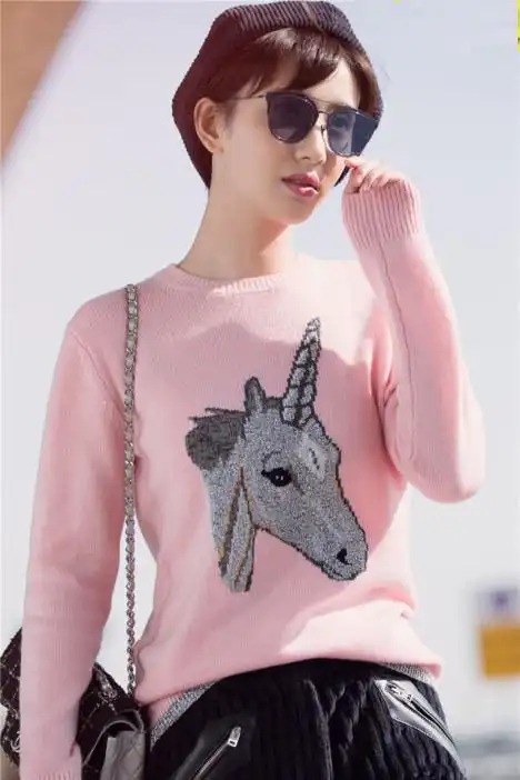 opstar许芳铱明星同款独角兽粉色毛衣针织衫灯芯绒九分