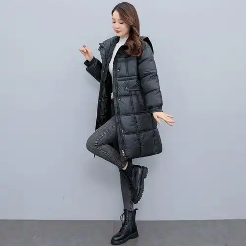 实拍2022新款女装冬季修身束腰中长羽绒服棉服女黑色显瘦立领外套