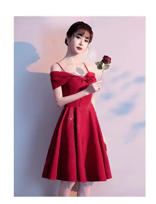 女装小个子敬酒服新娘短款气质酒红色结婚订婚回门便装晚礼服裙女夏季