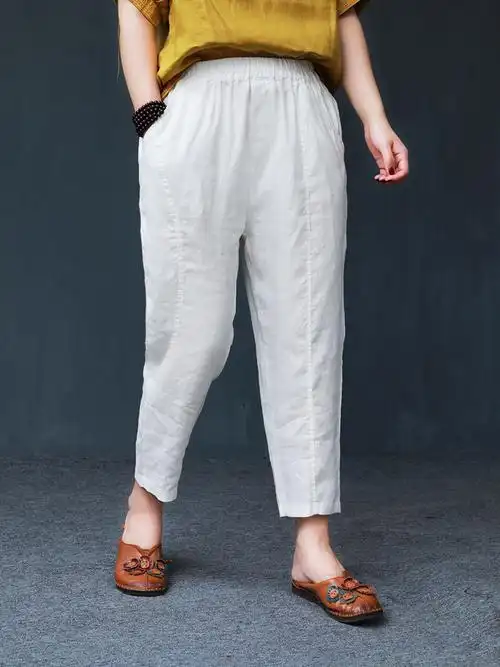yibusheng亚麻女裤九分裤女裤子夏季新款大码宽松妈妈棉麻裤萝卜裤