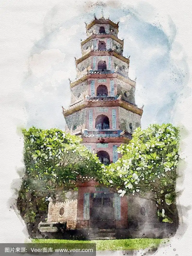 水彩画中的中国式宝塔