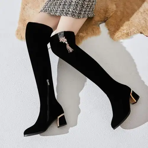 格瑞迪欧秋冬过膝长靴女瘦腿粗跟高跟侧拉链加绒中长筒女靴子40大码n