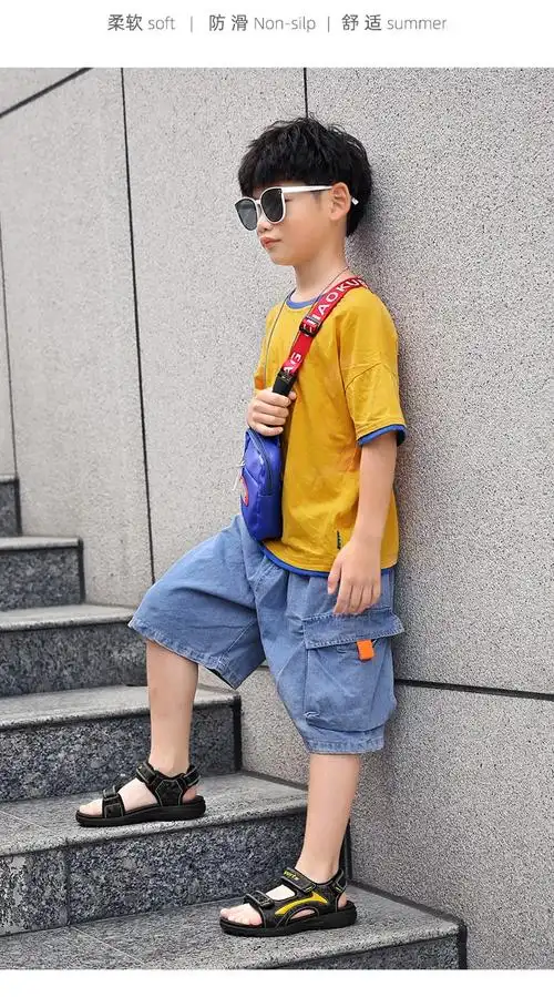 oooh潮牌凉鞋男童凉鞋夏季小学生中大童儿童时尚软底男孩露趾沙滩鞋子