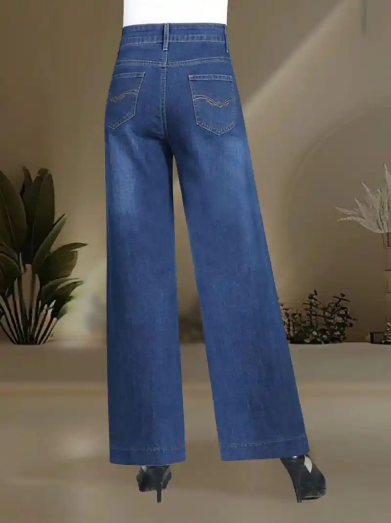 春秋款中老年高腰牛仔裤女阔腿裤宽松垂感