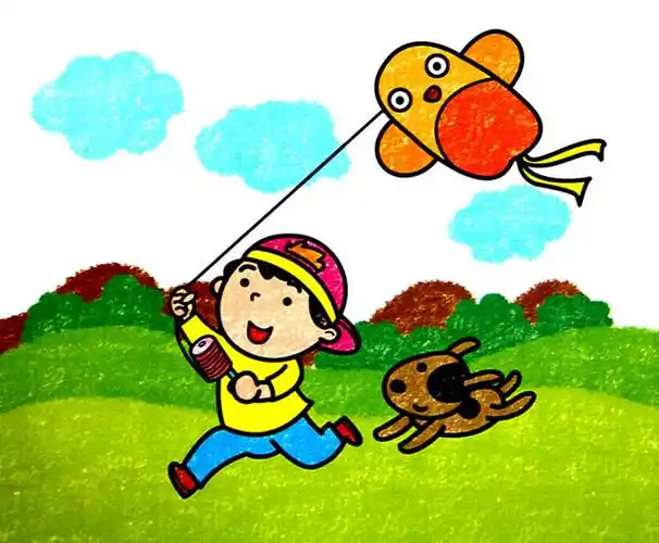 幼儿油棒画图片放风筝的小孩