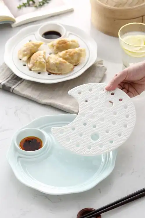 日式创意饺子盘沥水双层盘陶瓷寿司盘子带醋碟家用日料餐具刺身盘荷花