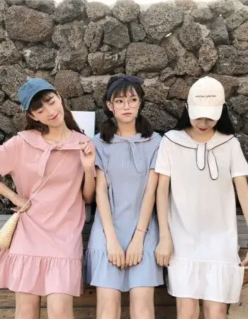 闺蜜装三人女连衣裙夏季学生中长款韩版宽松2018学院风姐妹装 粉色