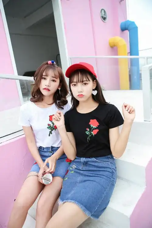 娇米诗2018夏季新款学院风宽松百搭闺蜜装玫瑰花贴布短袖t恤女