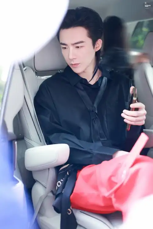 大背头,颈链,v领黑色衬衫,领带,红裤,腰间的丝巾.yyds,酷帅拽90.