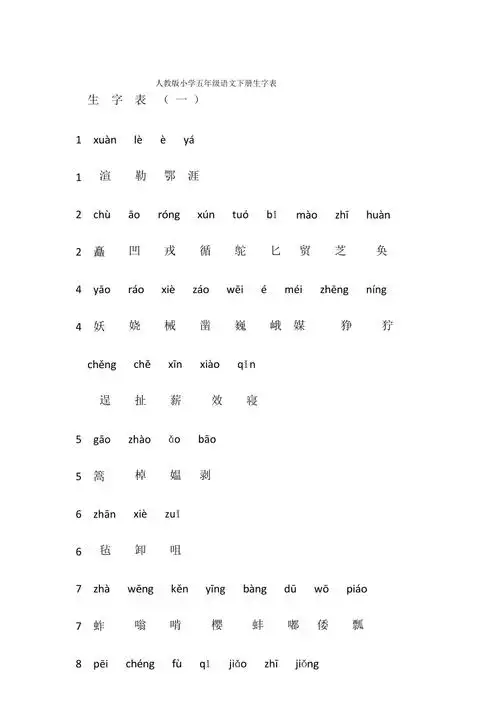 五年级语文下册生字表