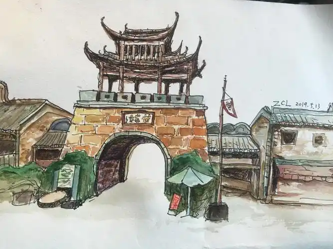 水彩画,甘坑,古建筑