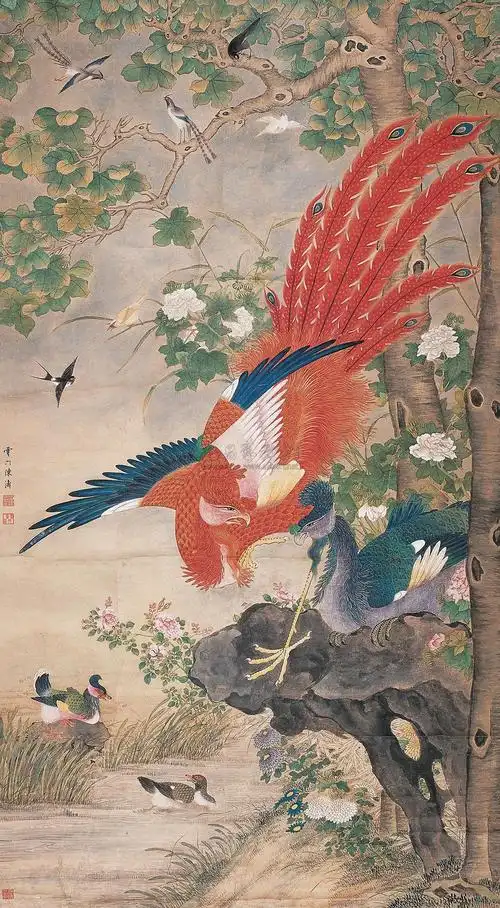 0577百鸟朝凤图立轴设色纸本