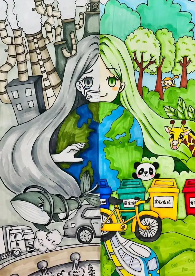 环保主题画.#少儿美术 #绘画96 #一起学画画 #环保主题 - 抖音