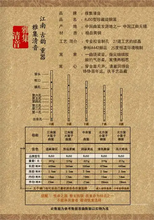 雅集清音品牌收藏级师匠精制黄铜笛子加厚纯铜竹笛型乐器金属笛