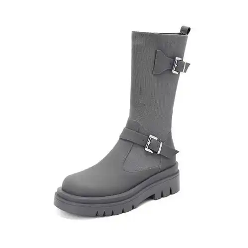 冬季靴子人造短毛绒平底中筒靴圆头韩版牛皮街头骑士靴保暖女鞋