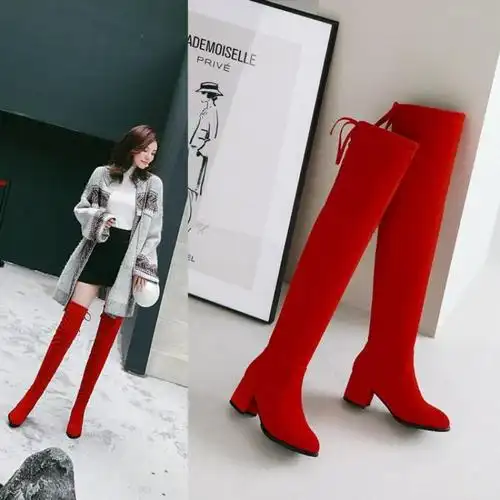 2018年秋冬季5cm粗中跟圆头过膝大红色绒面长筒靴大小码简约女靴