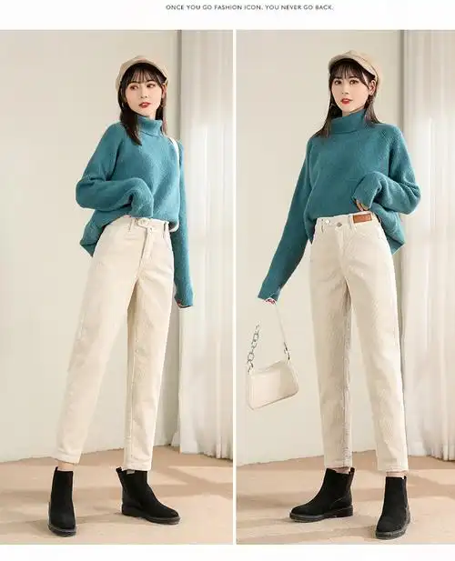 2021新款灯芯绒裤子女秋冬九分裤米色秋装条绒女裤加厚加绒萝卜裤米色