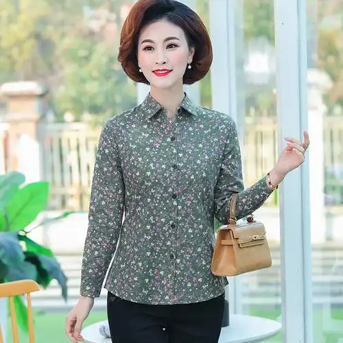 全棉中老年衬衫女装大码妈妈纯棉碎花长袖上衣衬衫