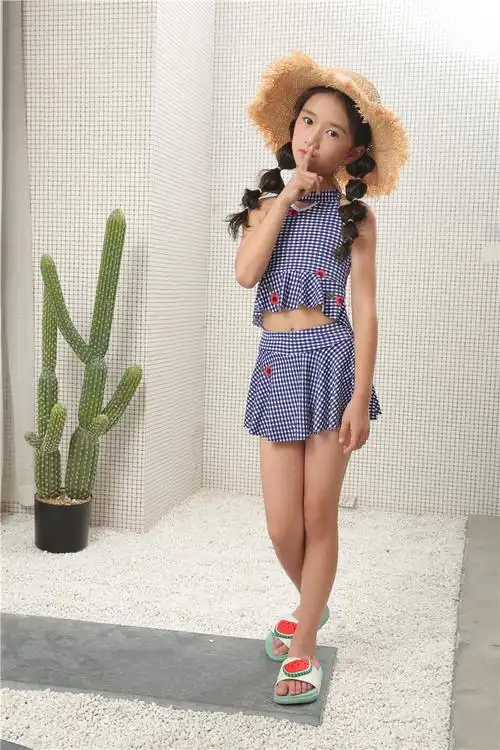 儿童泳衣女童19韩版可爱公主女宝宝小格子6-10岁中童分体泳衣