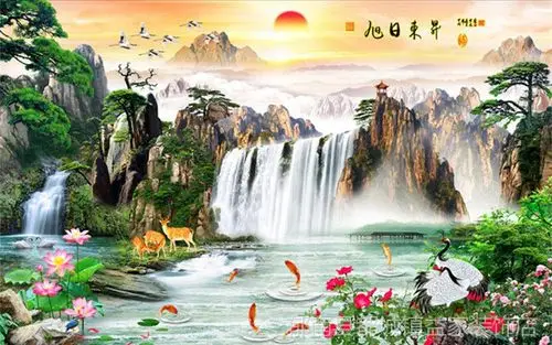 墙贴3d立体风景画电视背景墙壁纸8d壁画流水生财旭日东升山水画