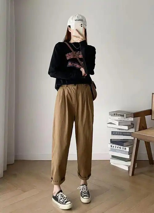 卡其色工装裤女夏薄高腰显瘦棉日系宽松萝卜裤休闲直筒阔腿裤春秋