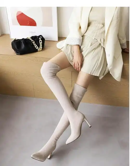 长筒过膝超长大腿靴女王尖头细跟性感高跟弹力秋冬靴大码长靴 米白色