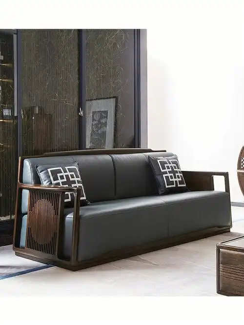 轻奢黑檀木实木真皮沙发