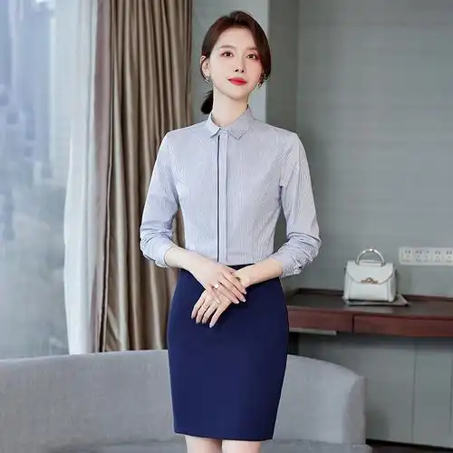 职业衬衣女2024春秋新款前台导购工作服物业经理职业蓝色条纹衬衫