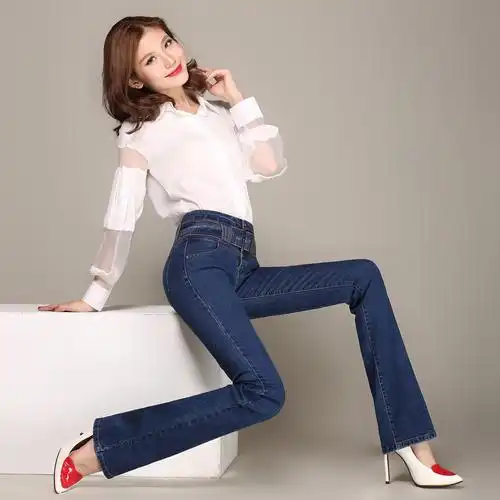 爆款牛仔裤女韩版高腰春秋微喇叭女士休闲长裤高档大码女式裤批发