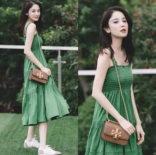 古力娜扎明星同款夏季显瘦甜美气质高腰绿色连衣裙