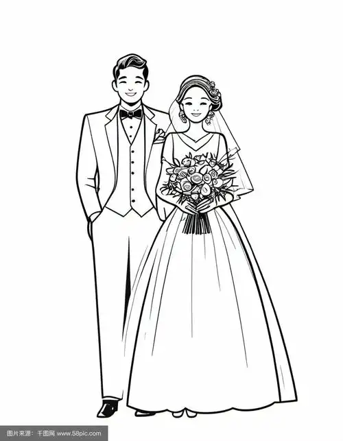 手绘婚纱照线条插画