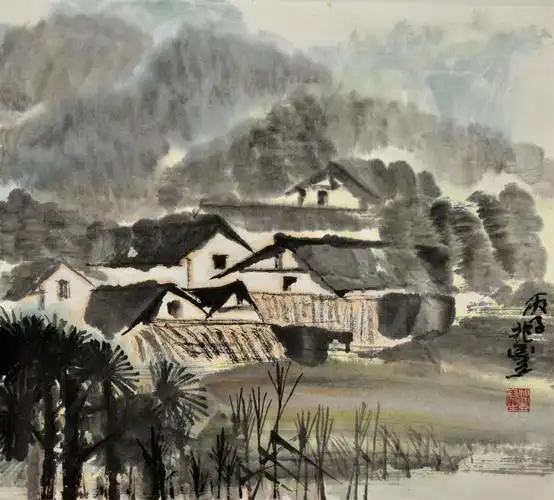 山村   水墨画   59x52cm