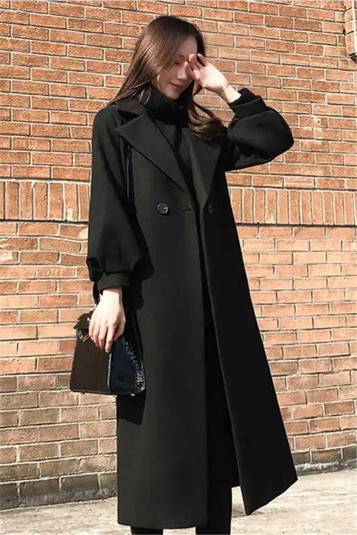 流行赫本风黑色大衣女秋冬显瘦宽松妮子大衣中长款过膝毛呢外套潮