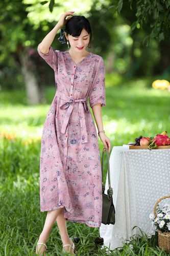 高端苎麻连衣裙夏季薄款棉麻女装开衫收腰显瘦连衣裙