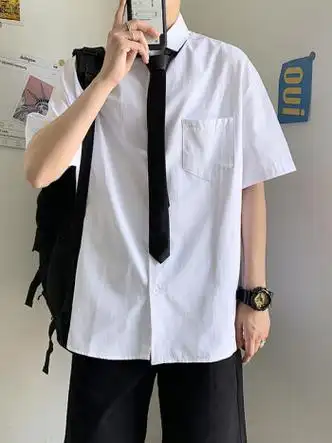 基础款白衬衫短袖男女学院风情侣毕业班服领带衬衣学生咔哝 短袖衬衫