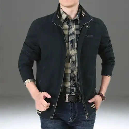 外套男春秋休闲宽松大码男装上衣工装男士商务休闲纯棉立领夹克男