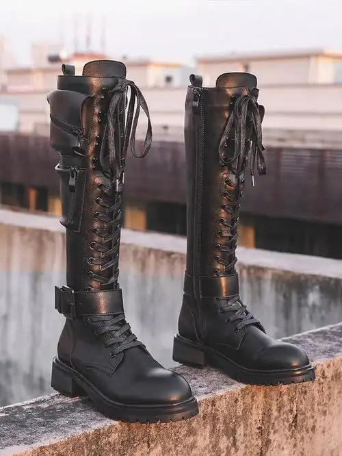 真皮长筒靴子女2020春秋长靴高筒ann马丁靴英伦风帅气厚底机车靴淘宝