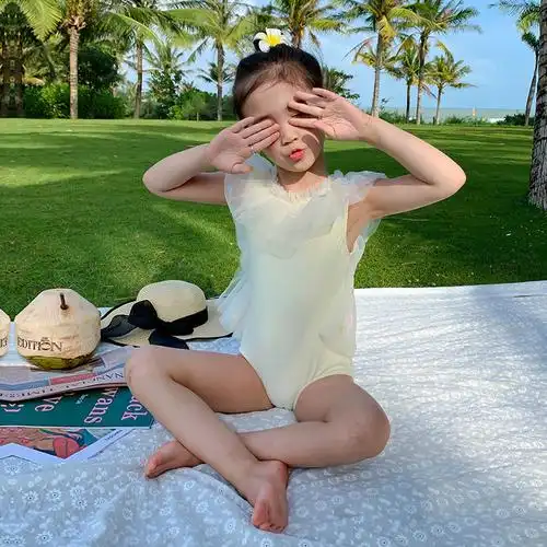 儿童泳衣女孩亲子性感露背装小中大童韩国女童连体游泳衣发带套装