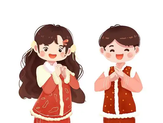红色手绘卡通中国风国潮新年儿童拜年新年春节元素png素材