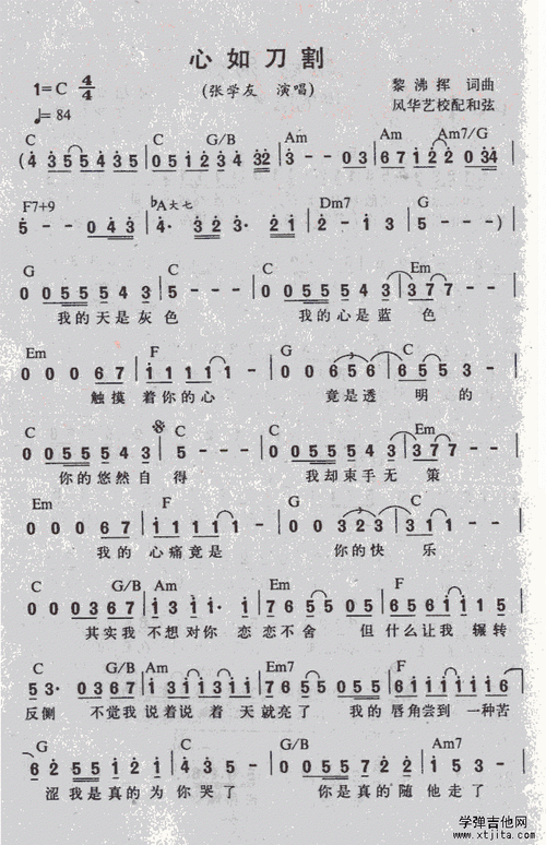 心如刀割吉他谱 张学友心如刀割弹唱