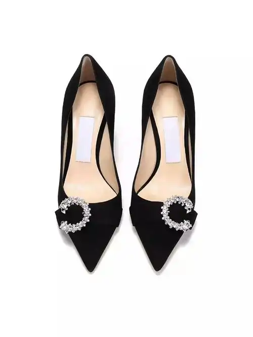 女士水钻石扣饰绒面革羊皮垫尖头高跟鞋子秋季大码鞋新款欧美女鞋