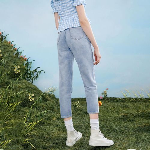 爱居夏季女装裤子时尚简约高腰直筒宽松萝卜牛仔裤牛仔裤