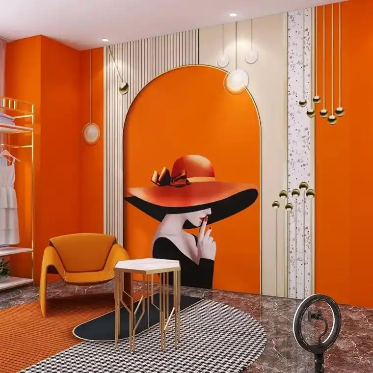 爱马仕橙色壁纸网红直播背景墙纸8d北欧轻奢时尚壁布卧室床头墙 - 抖