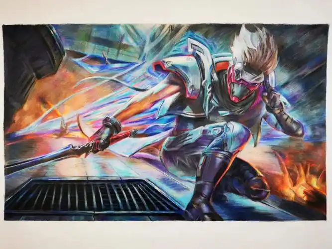 彩铅lol灵能特工剑圣绘画过程图