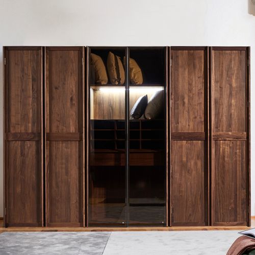 高端意式实木衣柜轻奢后现代黑胡桃木衣橱衣帽间整装六玻璃对开门