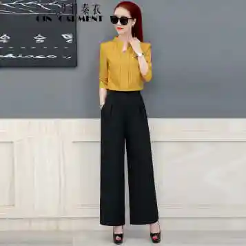汐羽秦衣休闲裤女时尚套装2018春装新款韩版收腰显瘦阔腿裤两件套套装