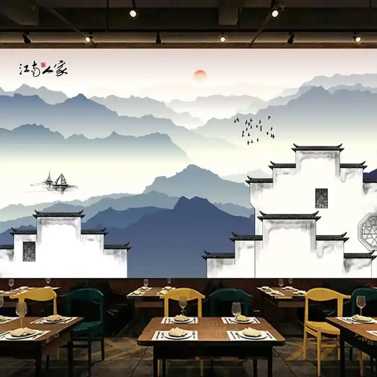 中式江南水乡水墨画壁纸饭店餐厅背景墙纸徽派建筑火锅店包厢壁画