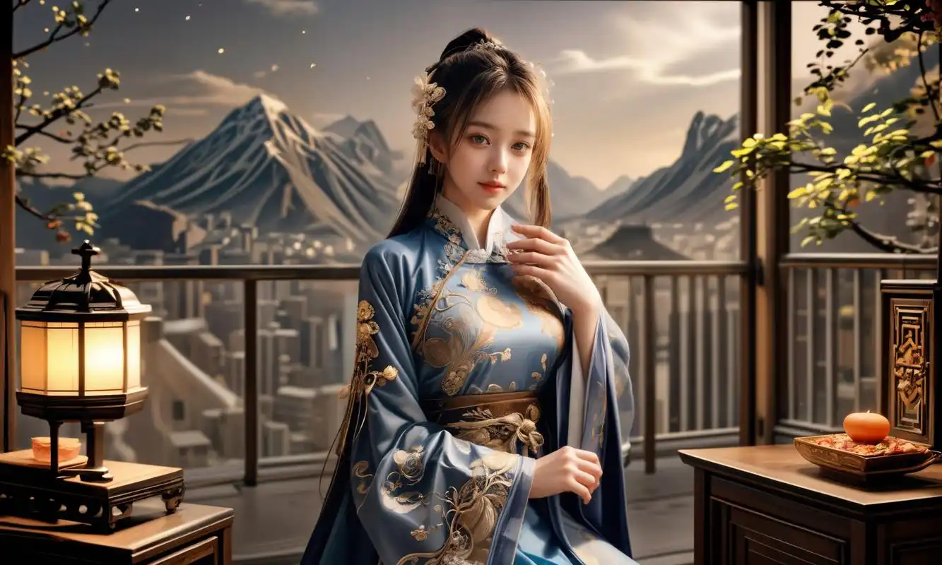 ai美女壁纸# 每日ai美女秀	一位穿着淡雅蓝色汉服的美女轻步走进史靠