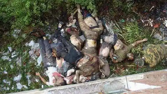 别斯兰事件影像,恐怖分子枪杀人质,尸体被抛出窗外堆积如山